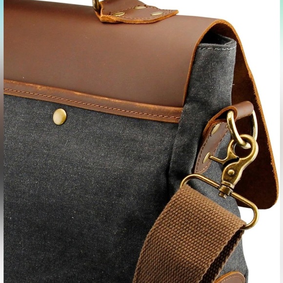 NEW Genuine Leather Canvas Messenger Bag - Picture 5 of 16